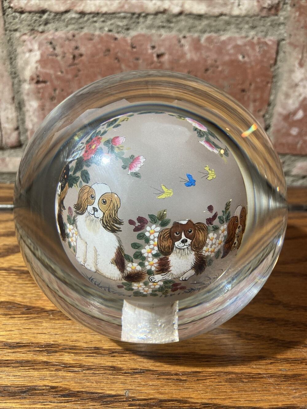 Vintage 4” Reverse Painting Paperweight 6 Dogs, Flowers, And Butterflies
